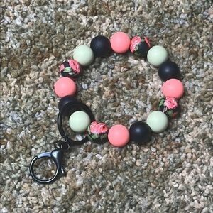 Wild Roses Pistachio Green Coral Black Keychain Bracelet Wristlet Black Hardware